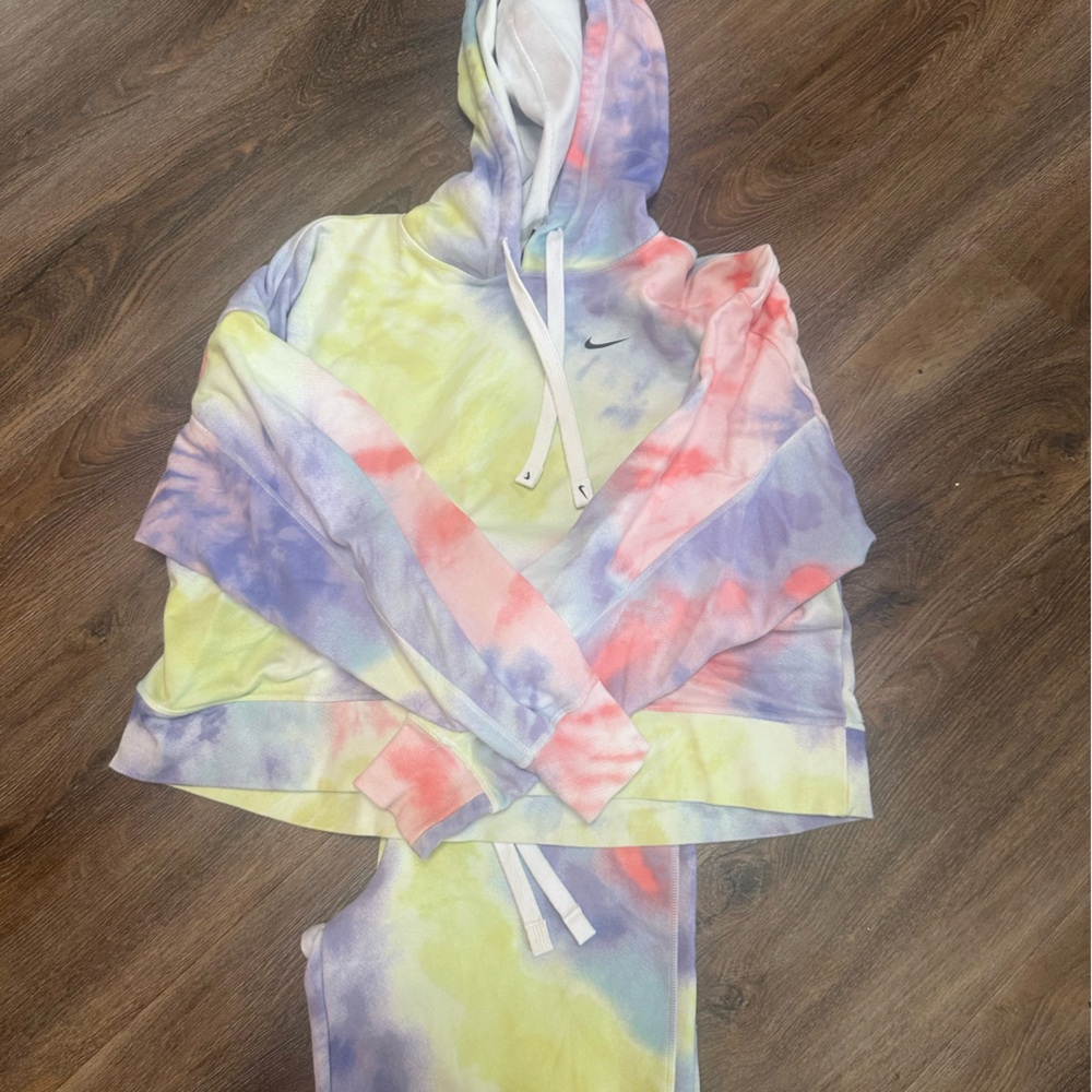 Nike Yellow and Purple Tie-Dye Track Pants,hoodie, and sports bra.
